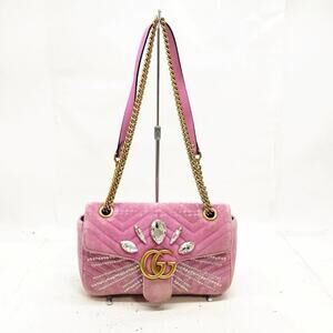 GUCCI GG Marmont Pink Velvet Crystal Embellished Flap Bag Handbag